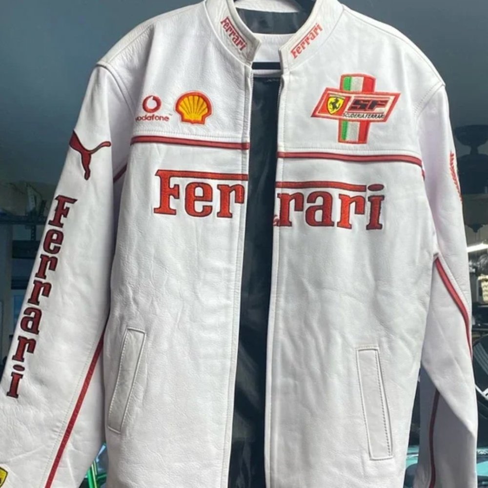 White leather Ferarri car track racing jacket vintage